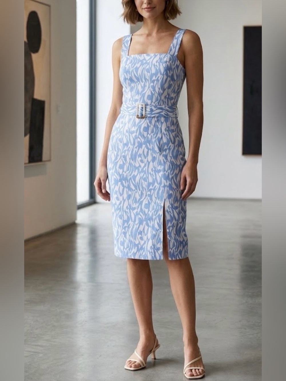 Monteau Light Blue Printed Square-Neck Midi Dress with Belt size S